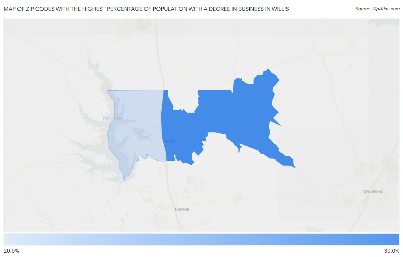 Zip Codes with the Highest Percentage of Population with a Degree in Business in Willis Map