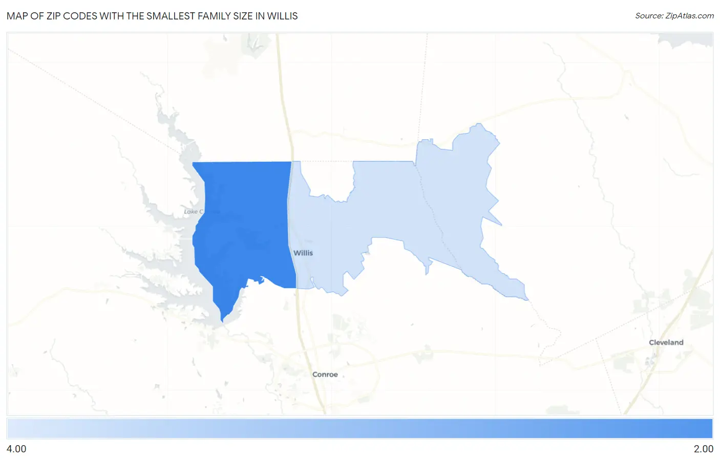 Zip Codes with the Smallest Family Size in Willis Map