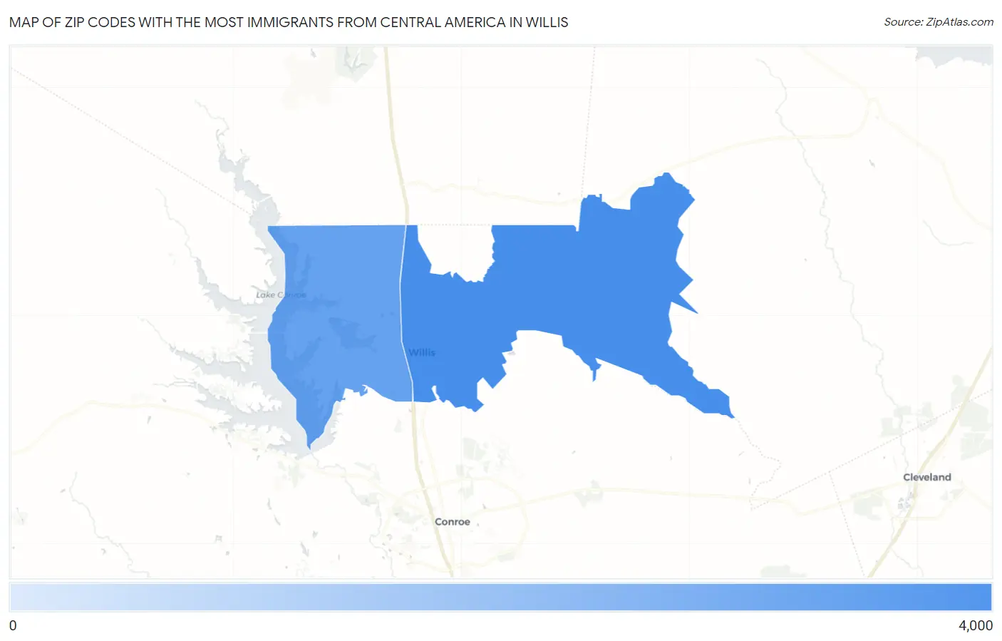 Zip Codes with the Most Immigrants from Central America in Willis Map