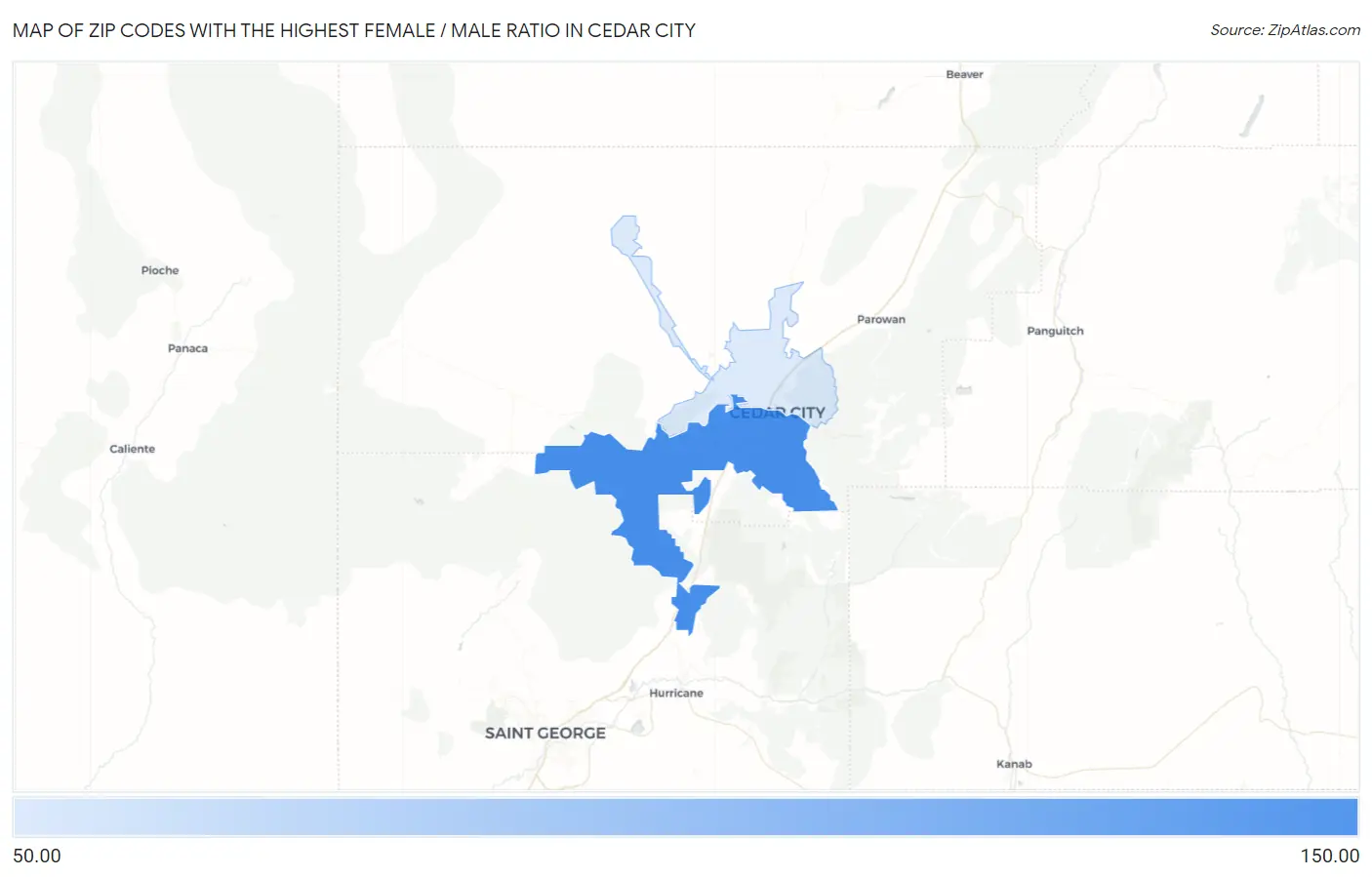 Zip Codes with the Highest Female / Male Ratio in Cedar City Map