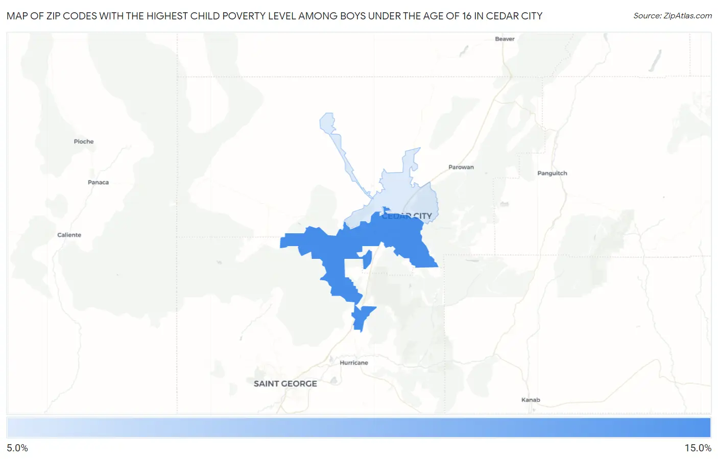 Zip Codes with the Highest Child Poverty Level Among Boys Under the Age of 16 in Cedar City Map