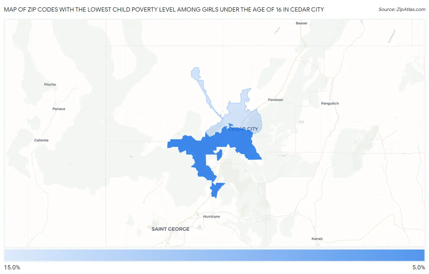 Zip Codes with the Lowest Child Poverty Level Among Girls Under the Age of 16 in Cedar City Map