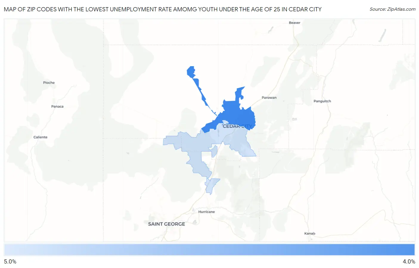 Zip Codes with the Lowest Unemployment Rate Amomg Youth Under the Age of 25 in Cedar City Map