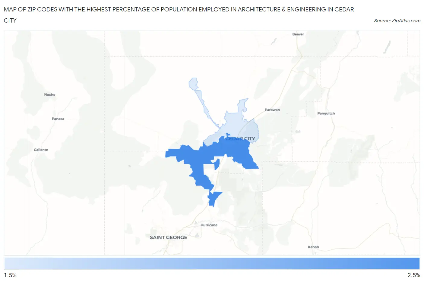 Zip Codes with the Highest Percentage of Population Employed in Architecture & Engineering in Cedar City Map