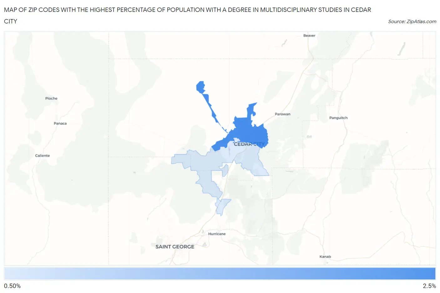 Zip Codes with the Highest Percentage of Population with a Degree in Multidisciplinary Studies in Cedar City Map