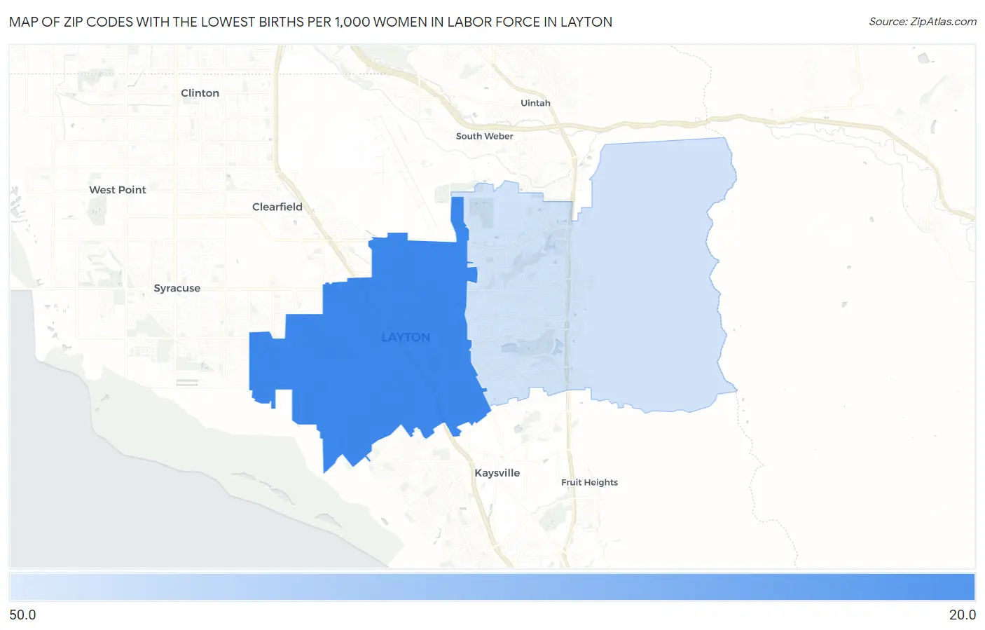 Zip Codes with the Lowest Births per 1,000 Women in Labor Force in Layton Map