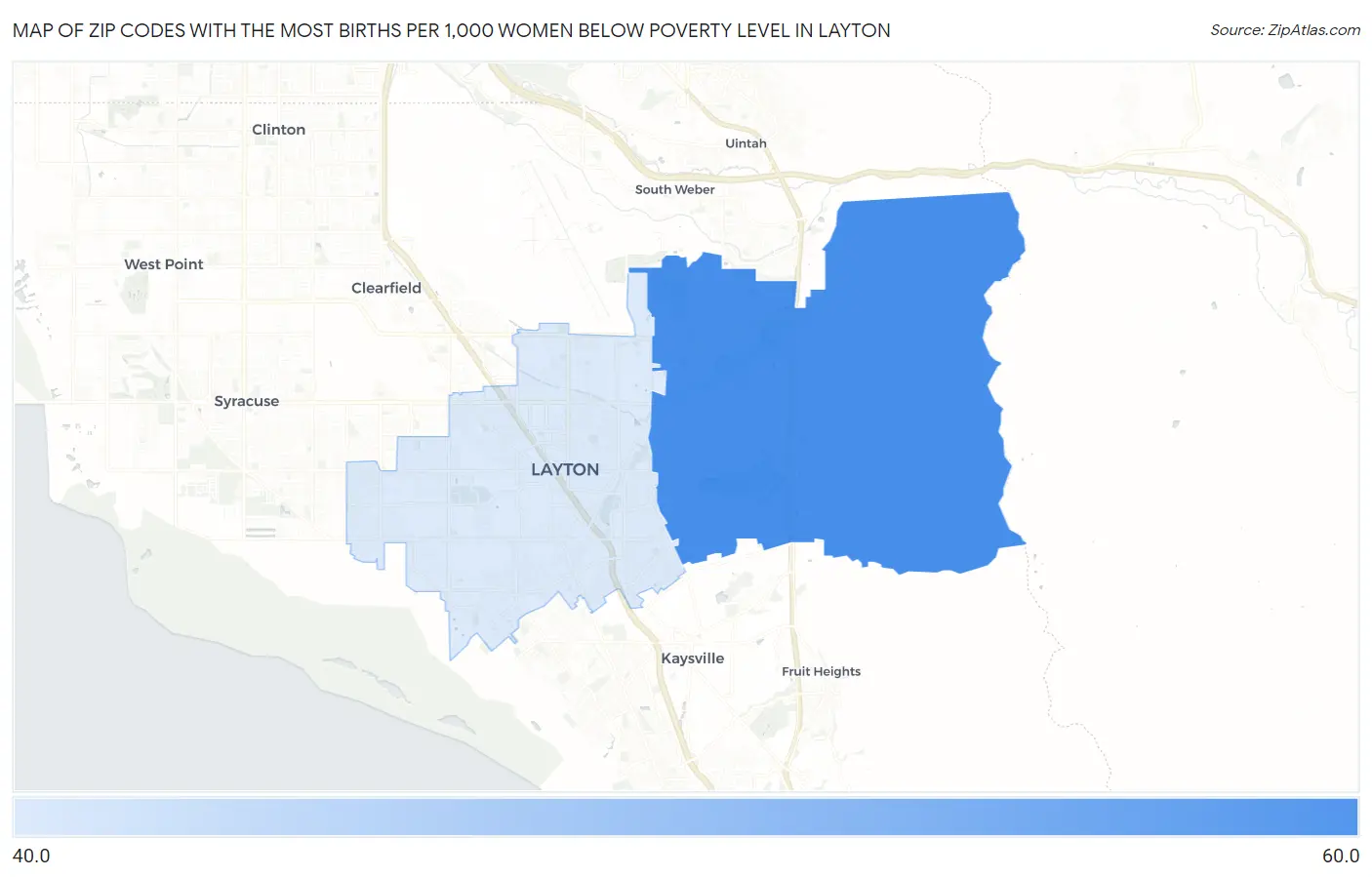 Zip Codes with the Most Births per 1,000 Women Below Poverty Level in Layton Map