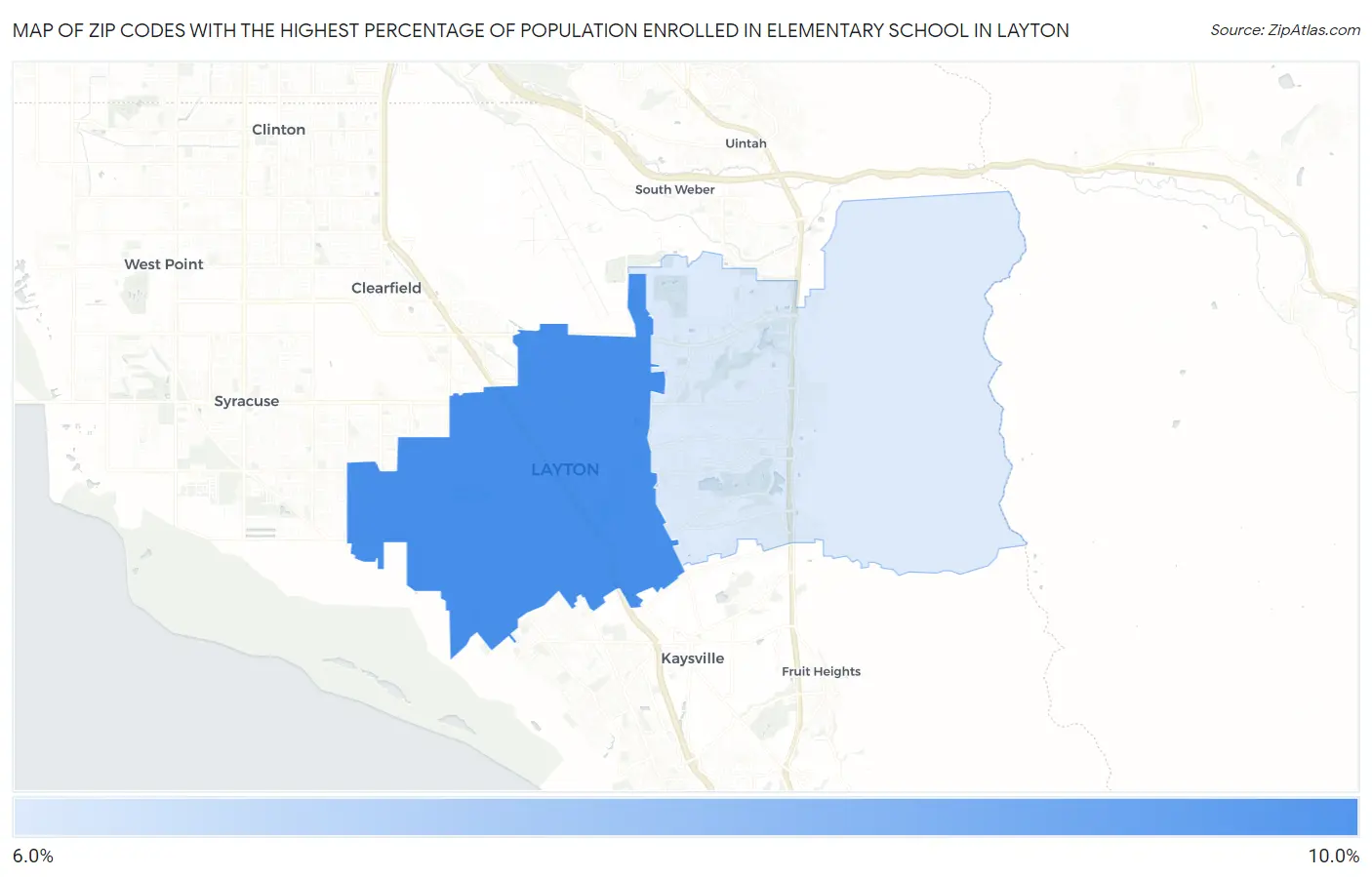 Zip Codes with the Highest Percentage of Population Enrolled in Elementary School in Layton Map