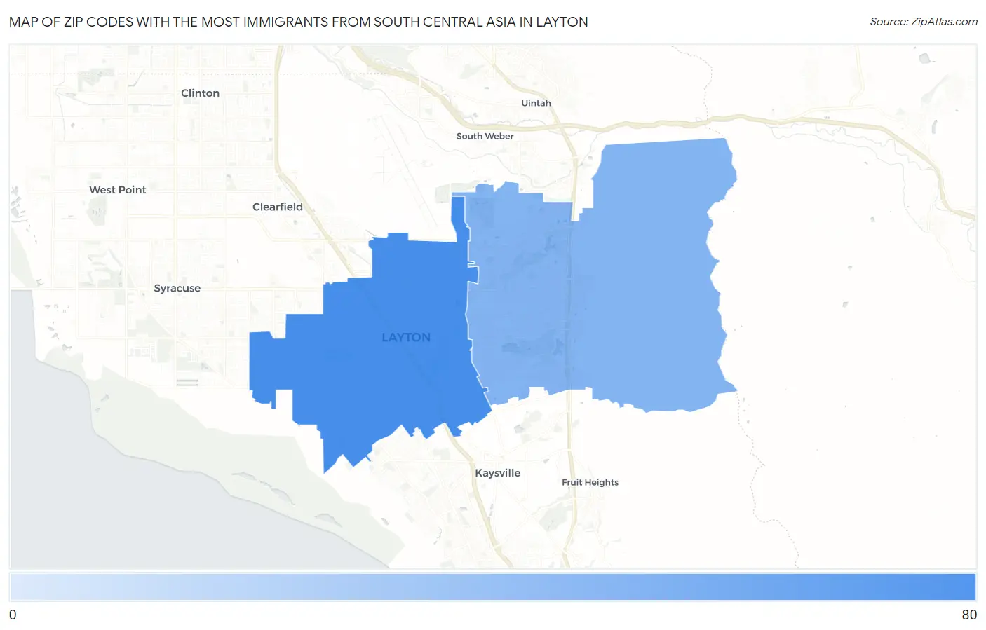Zip Codes with the Most Immigrants from South Central Asia in Layton Map