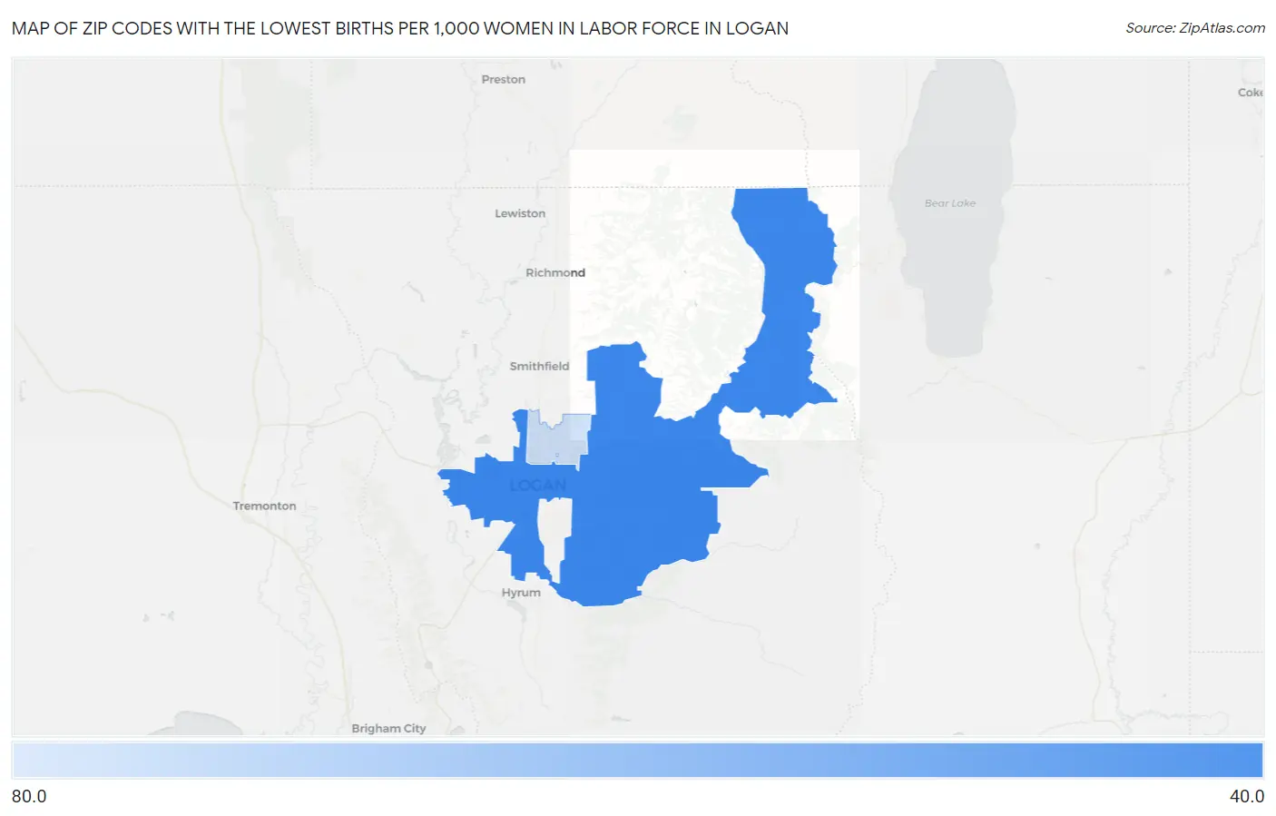 Zip Codes with the Lowest Births per 1,000 Women in Labor Force in Logan Map
