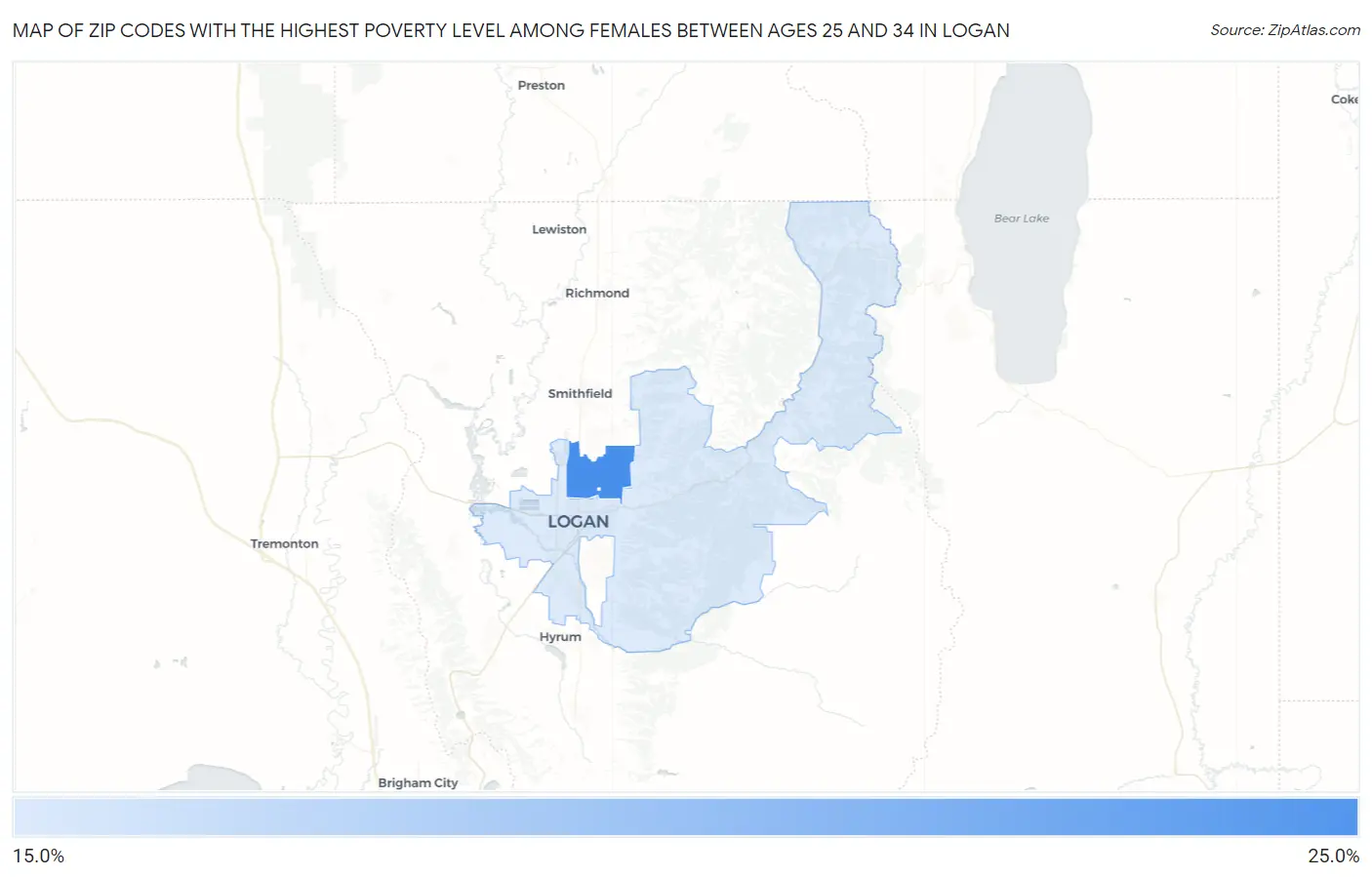 Zip Codes with the Highest Poverty Level Among Females Between Ages 25 and 34 in Logan Map