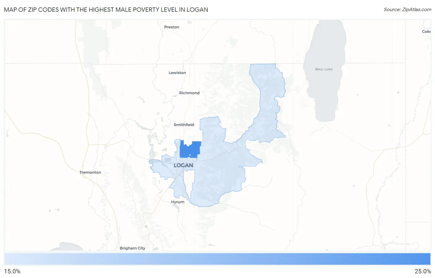 Zip Codes with the Highest Male Poverty Level in Logan Map