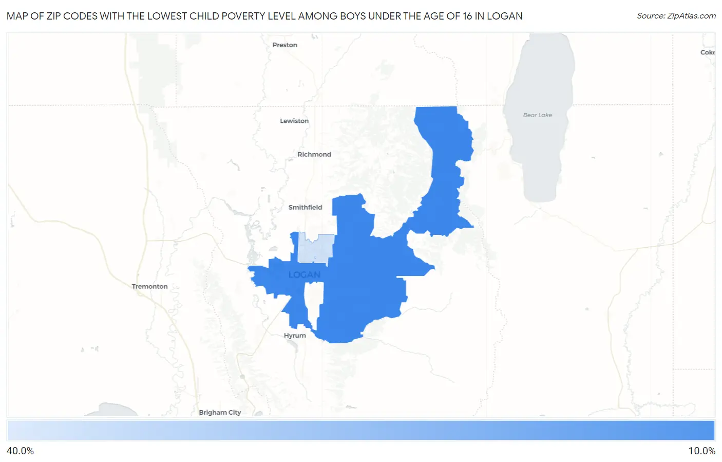 Zip Codes with the Lowest Child Poverty Level Among Boys Under the Age of 16 in Logan Map