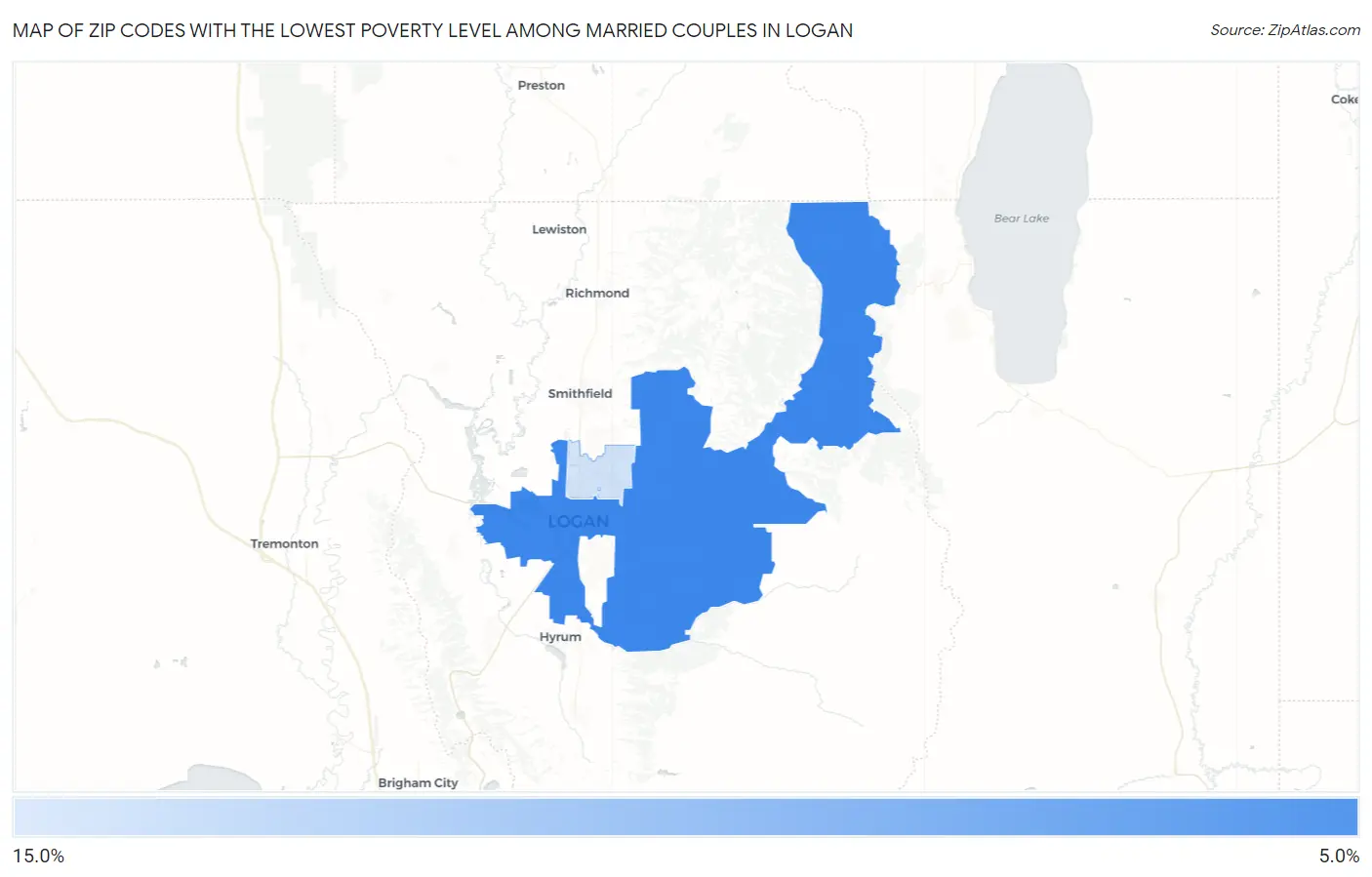Zip Codes with the Lowest Poverty Level Among Married Couples in Logan Map