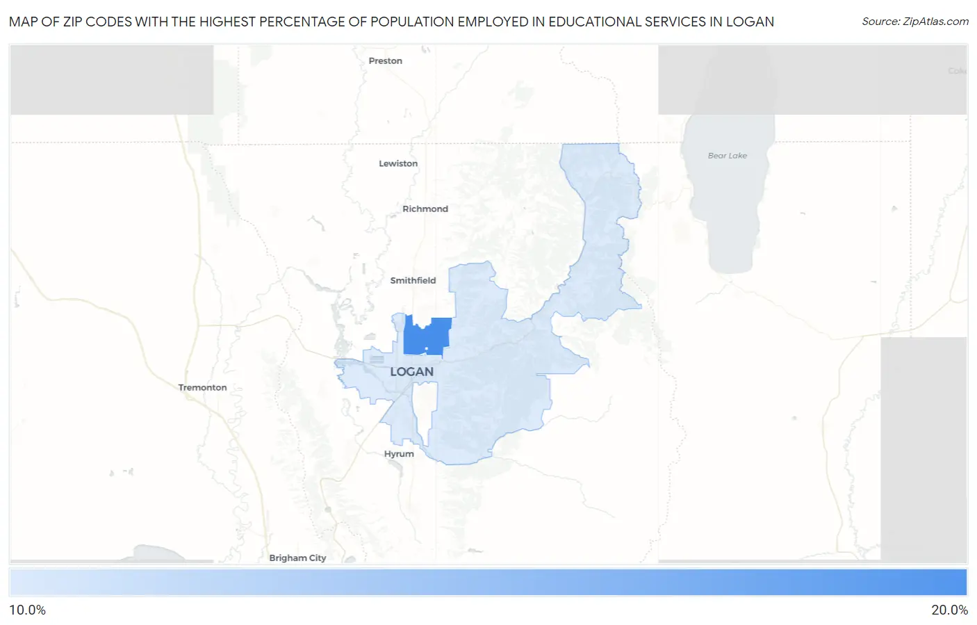Zip Codes with the Highest Percentage of Population Employed in Educational Services in Logan Map