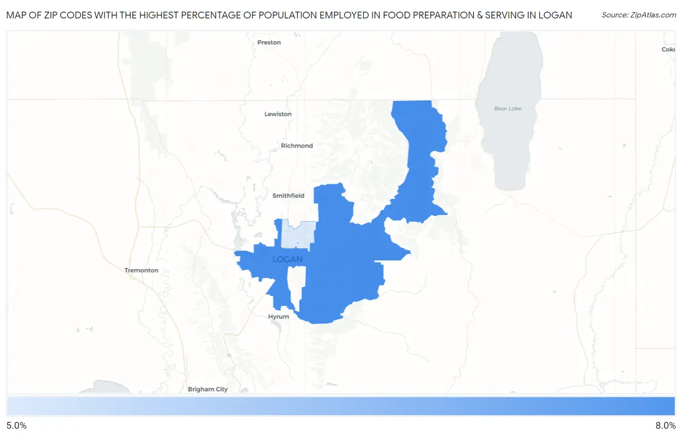 Zip Codes with the Highest Percentage of Population Employed in Food Preparation & Serving in Logan Map