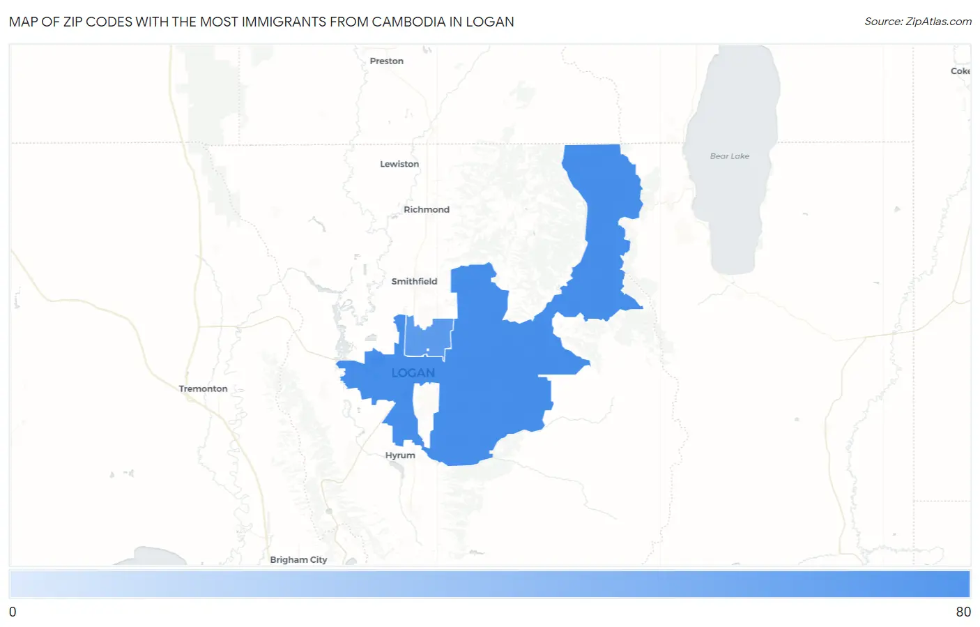 Zip Codes with the Most Immigrants from Cambodia in Logan Map