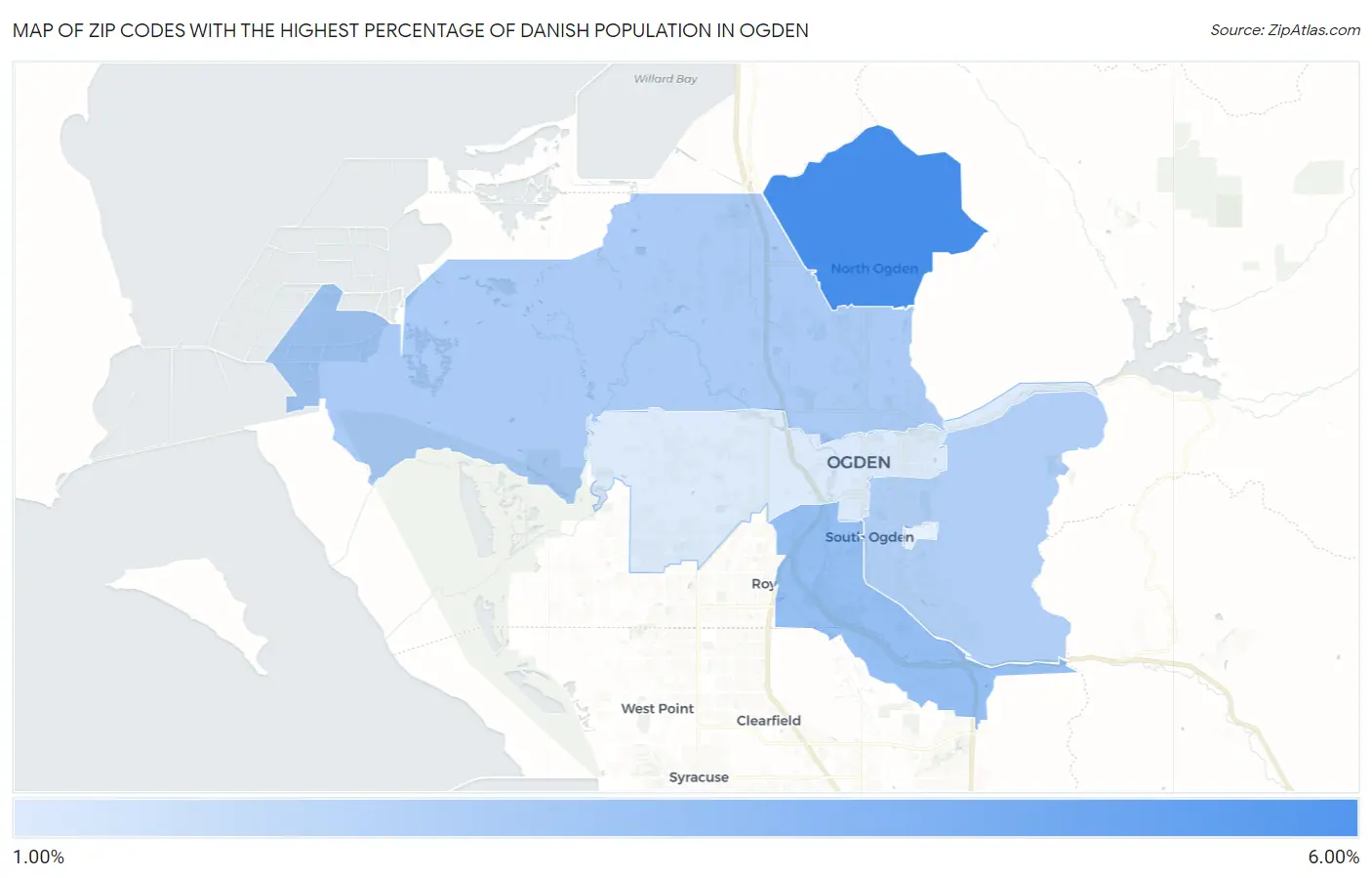 Zip Codes with the Highest Percentage of Danish Population in Ogden Map