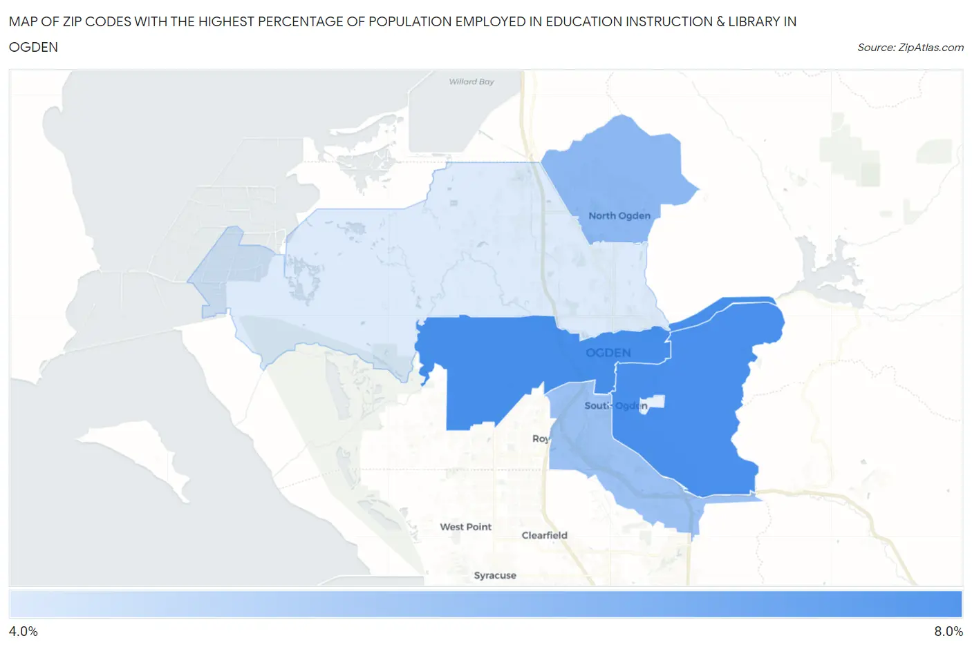 Zip Codes with the Highest Percentage of Population Employed in Education Instruction & Library in Ogden Map