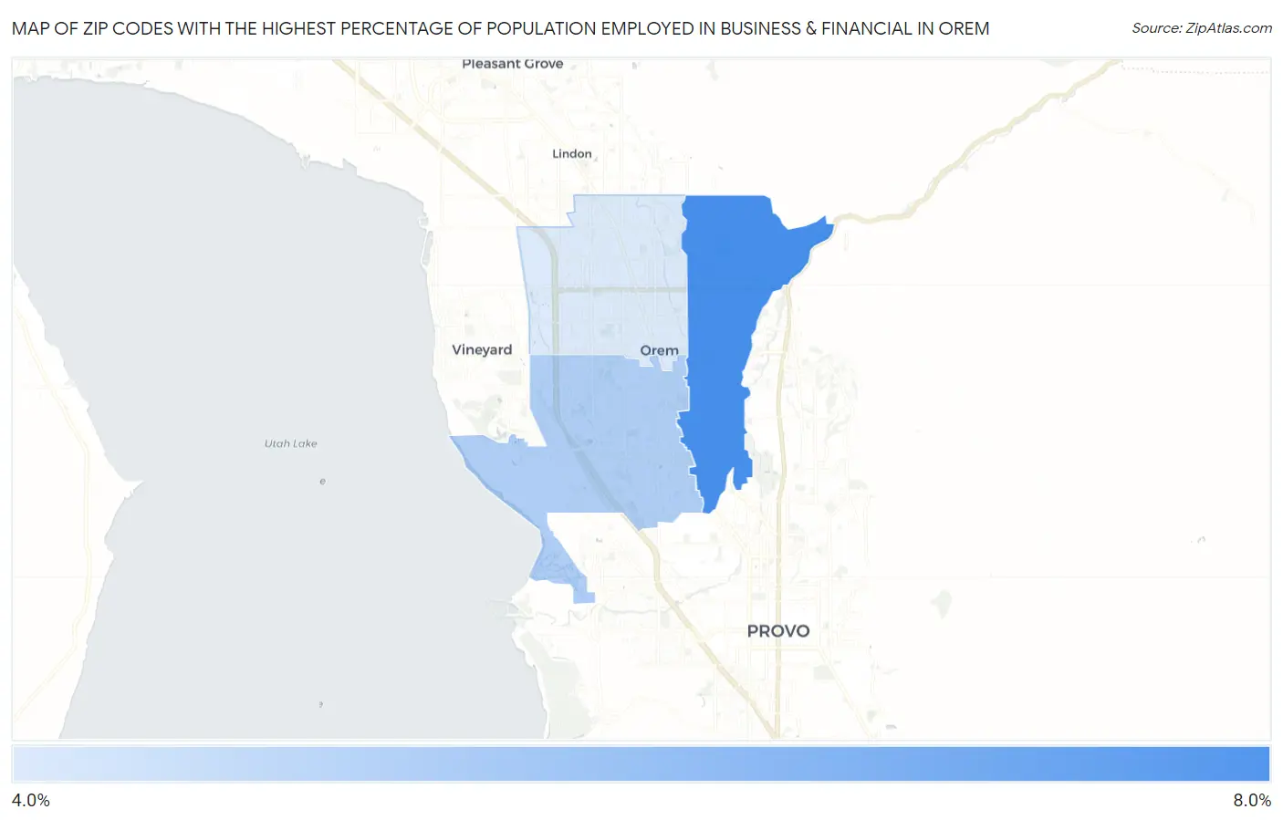 Zip Codes with the Highest Percentage of Population Employed in Business & Financial in Orem Map