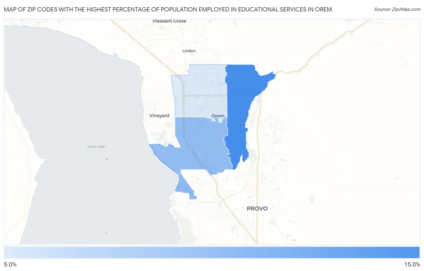 Zip Codes with the Highest Percentage of Population Employed in Educational Services in Orem Map