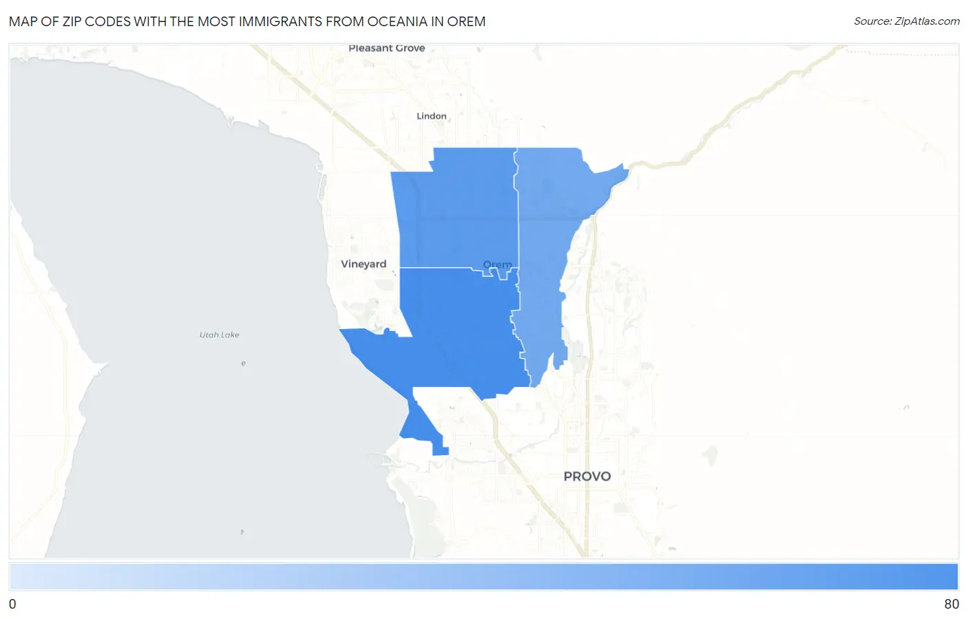 Zip Codes with the Most Immigrants from Oceania in Orem Map