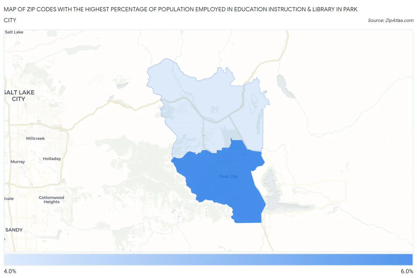 Zip Codes with the Highest Percentage of Population Employed in Education Instruction & Library in Park City Map