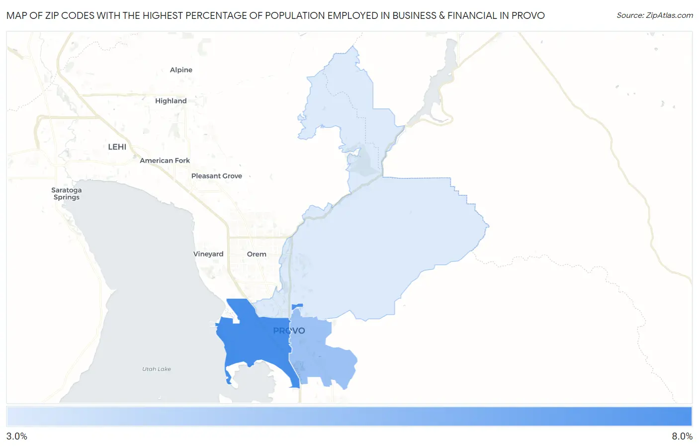 Zip Codes with the Highest Percentage of Population Employed in Business & Financial in Provo Map