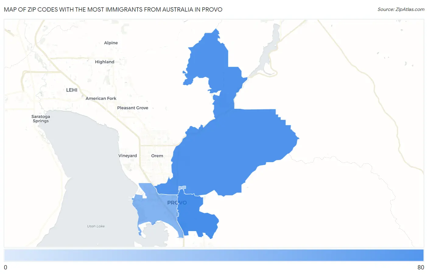 Zip Codes with the Most Immigrants from Australia in Provo Map