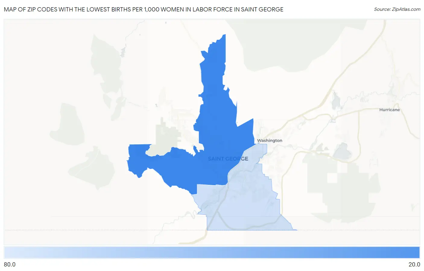 Zip Codes with the Lowest Births per 1,000 Women in Labor Force in Saint George Map