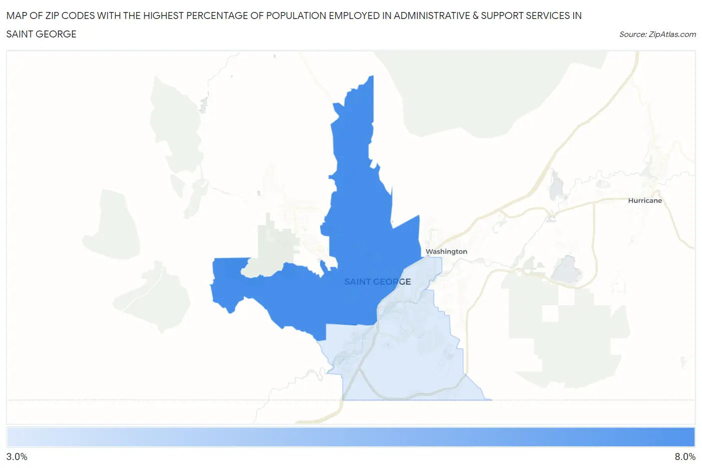 Zip Codes with the Highest Percentage of Population Employed in Administrative & Support Services in Saint George Map