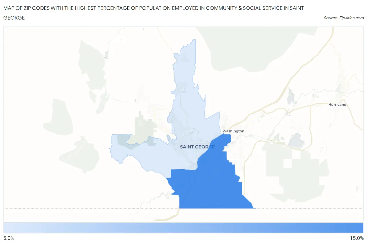 Zip Codes with the Highest Percentage of Population Employed in Community & Social Service  in Saint George Map