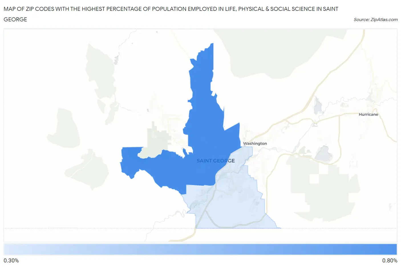 Zip Codes with the Highest Percentage of Population Employed in Life, Physical & Social Science in Saint George Map