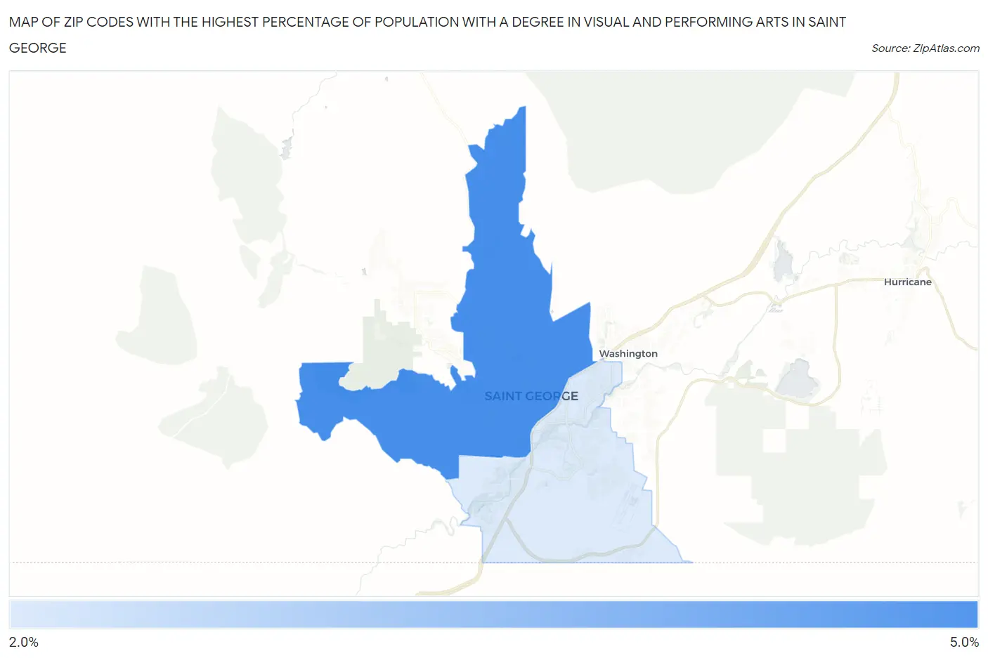 Zip Codes with the Highest Percentage of Population with a Degree in Visual and Performing Arts in Saint George Map