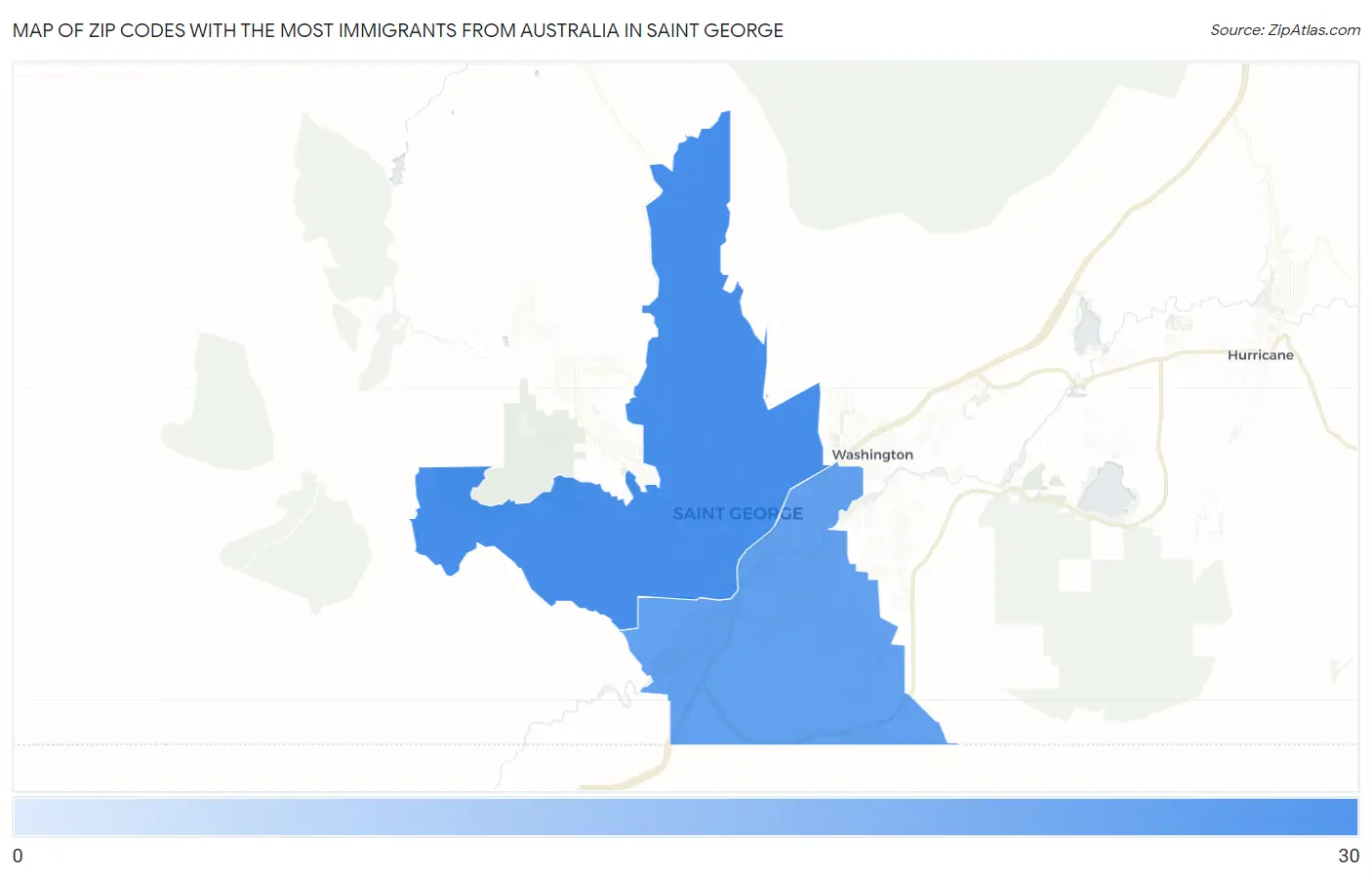 Zip Codes with the Most Immigrants from Australia in Saint George Map