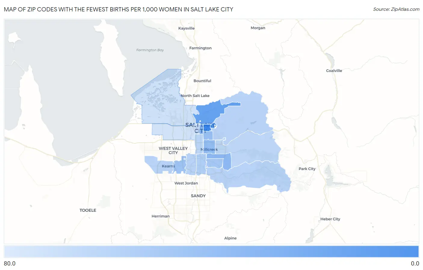 Zip Codes with the Fewest Births per 1,000 Women in Salt Lake City Map