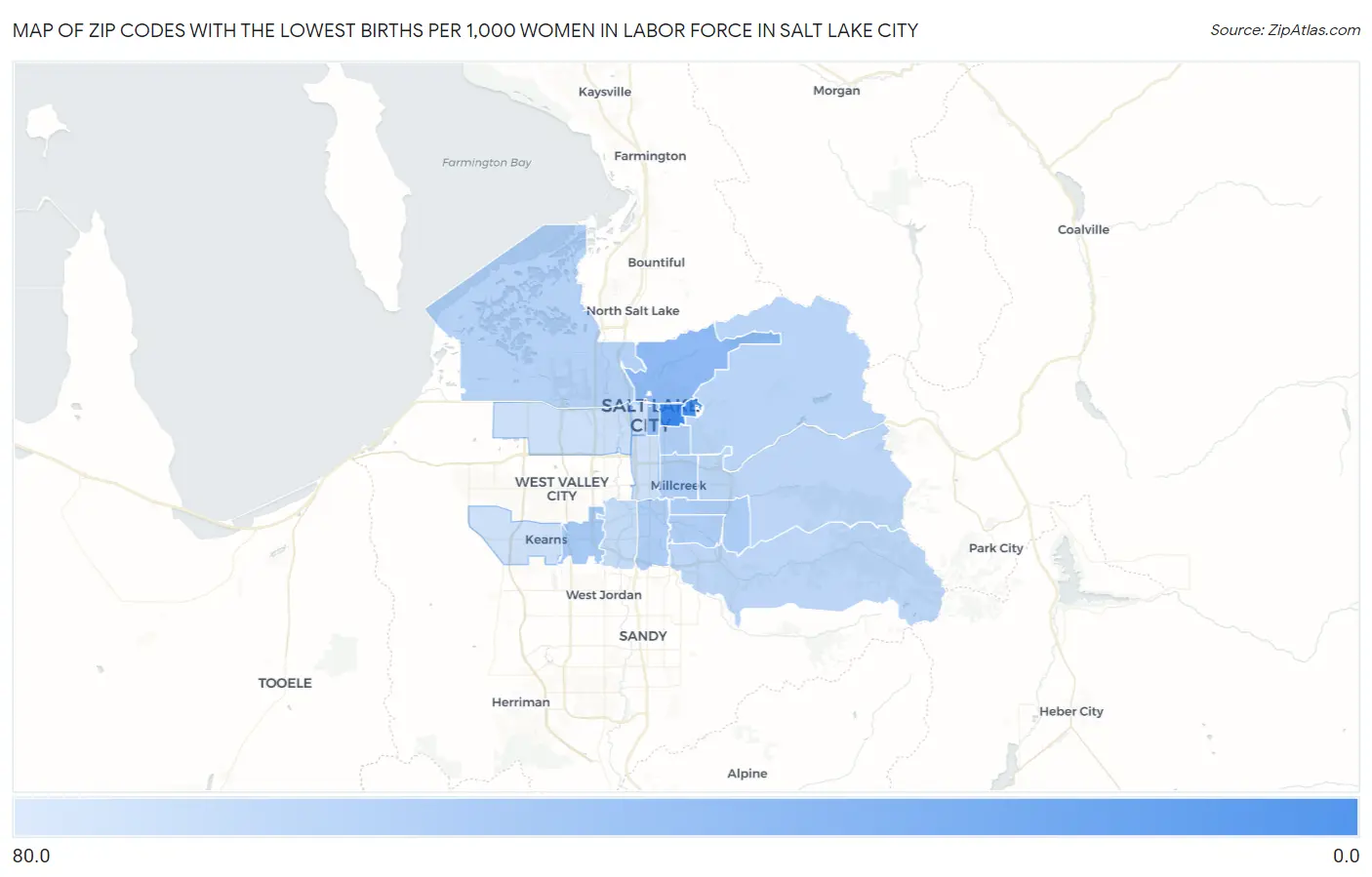 Zip Codes with the Lowest Births per 1,000 Women in Labor Force in Salt Lake City Map