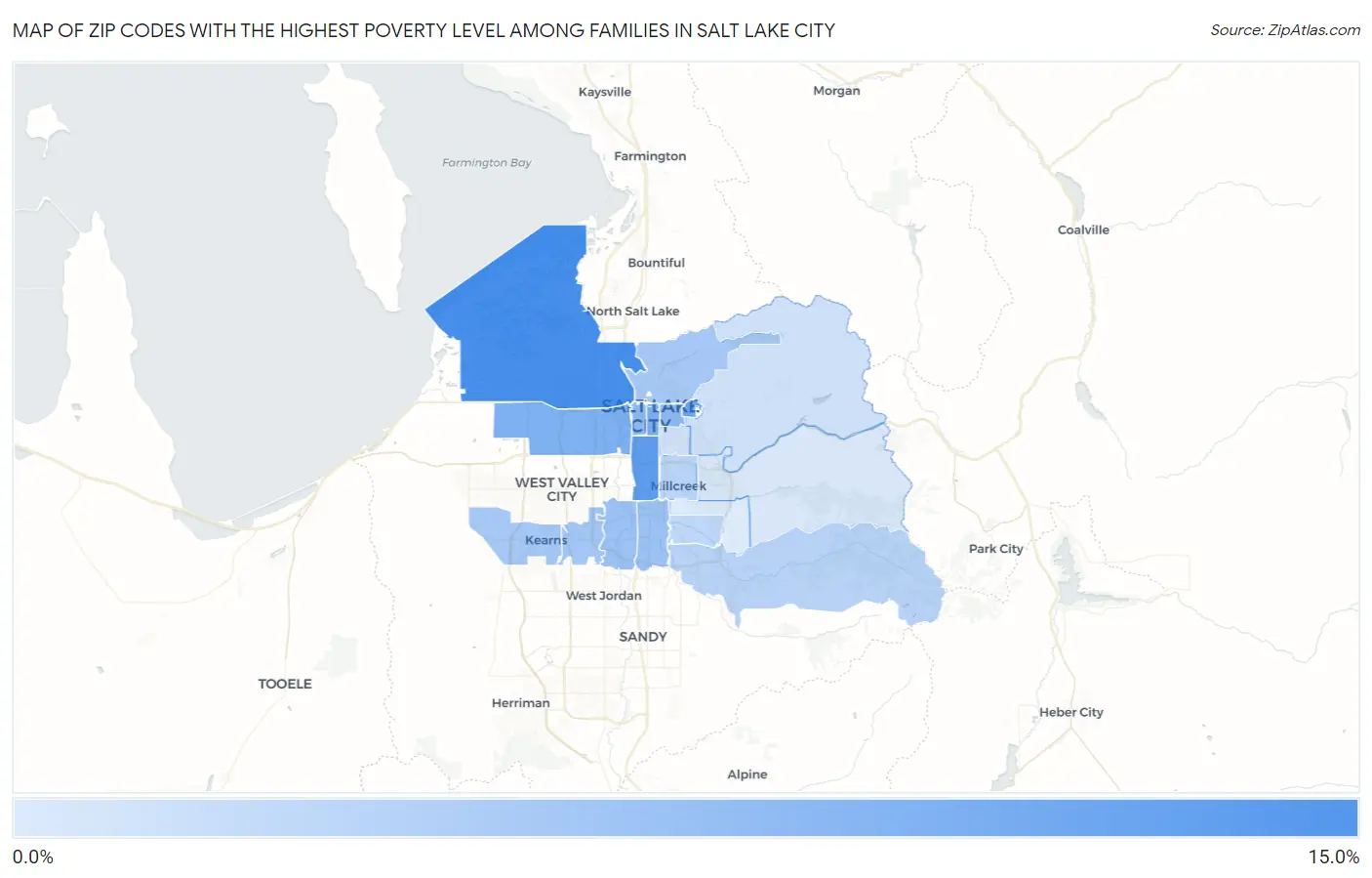 Zip Codes with the Highest Poverty Level Among Families in Salt Lake City Map