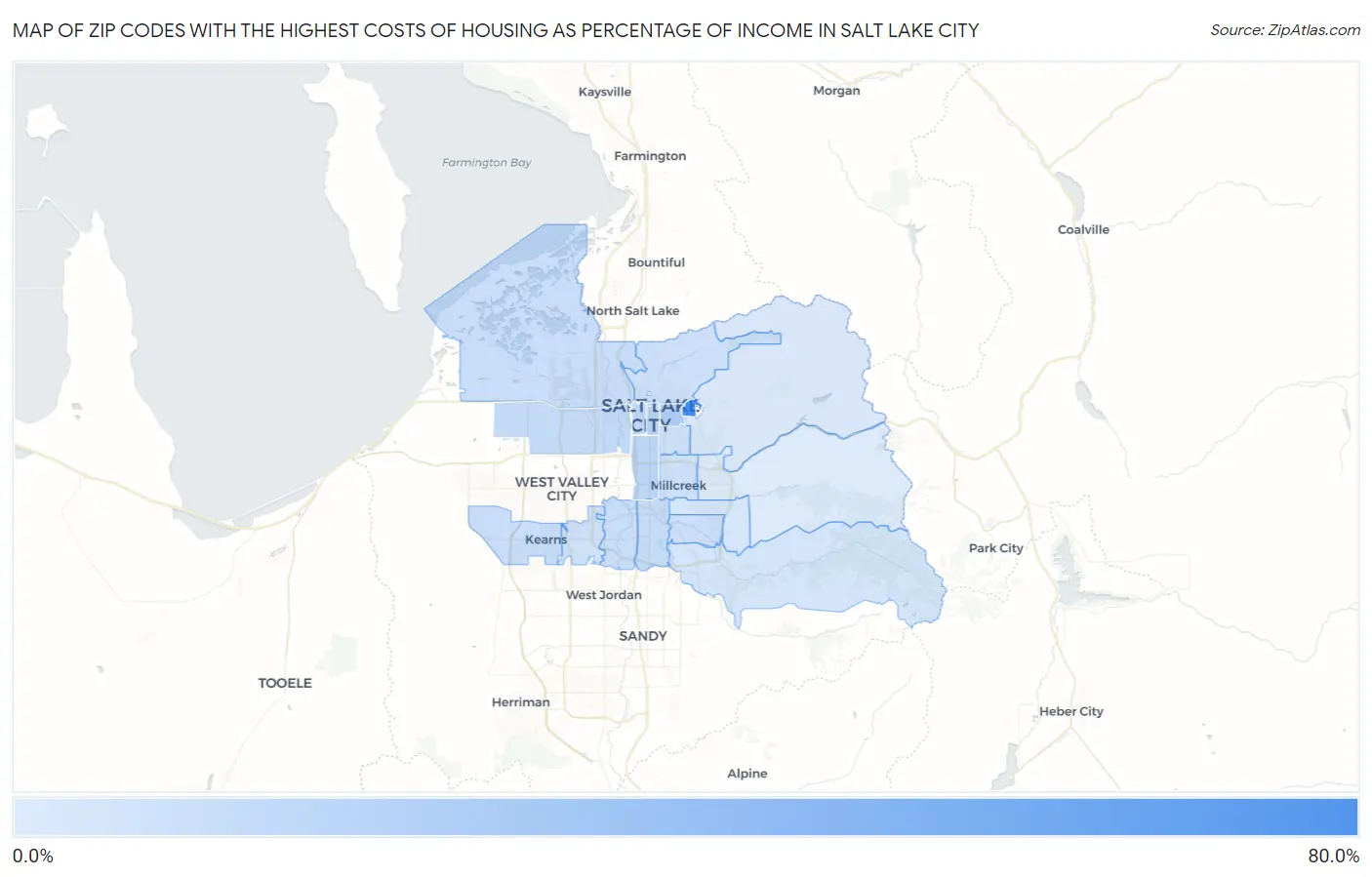 Zip Codes with the Highest Costs of Housing as Percentage of Income in Salt Lake City Map