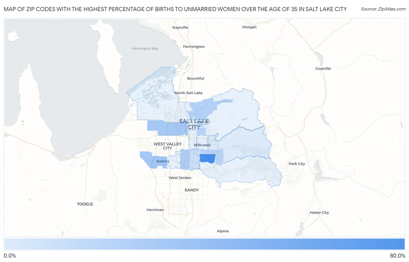 Zip Codes with the Highest Percentage of Births to Unmarried Women over the Age of 35 in Salt Lake City Map