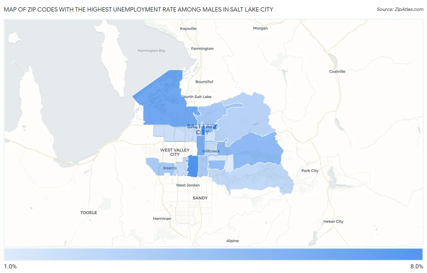 Zip Codes with the Highest Unemployment Rate Among Males in Salt Lake City Map