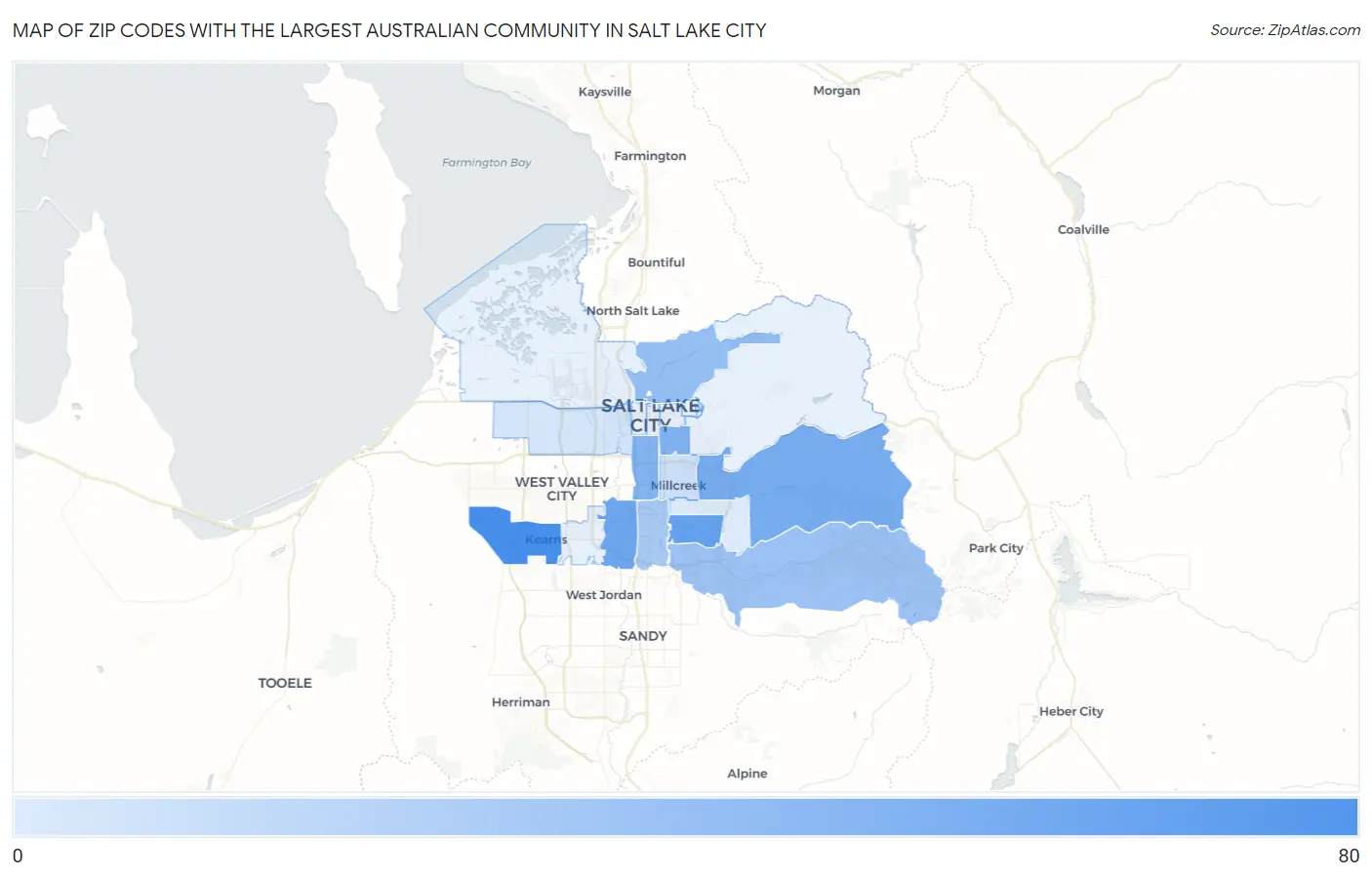Zip Codes with the Largest Australian Community in Salt Lake City Map