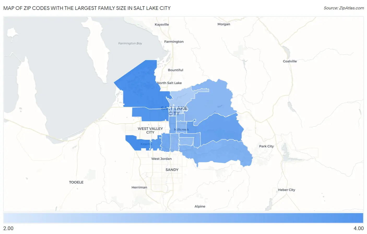 Zip Codes with the Largest Family Size in Salt Lake City Map