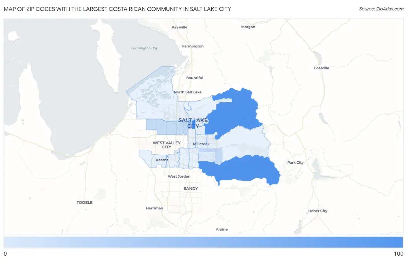 Zip Codes with the Largest Costa Rican Community in Salt Lake City Map