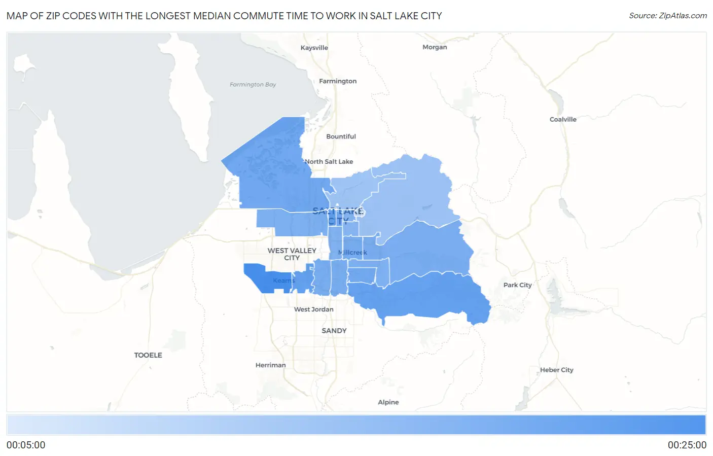 Zip Codes with the Longest Median Commute Time to Work in Salt Lake City Map