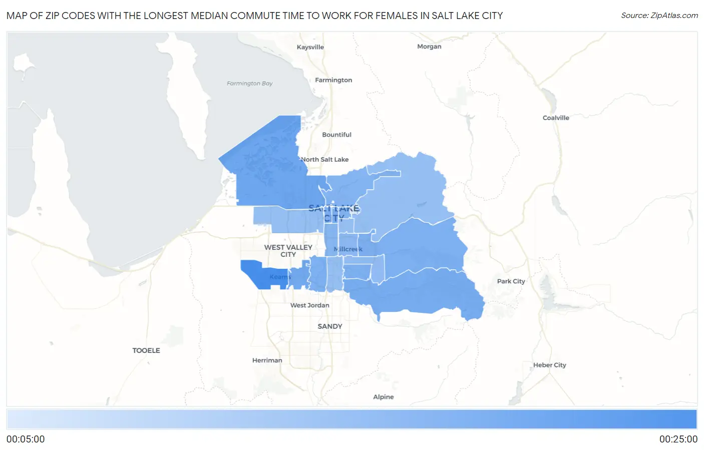 Zip Codes with the Longest Median Commute Time to Work for Females in Salt Lake City Map