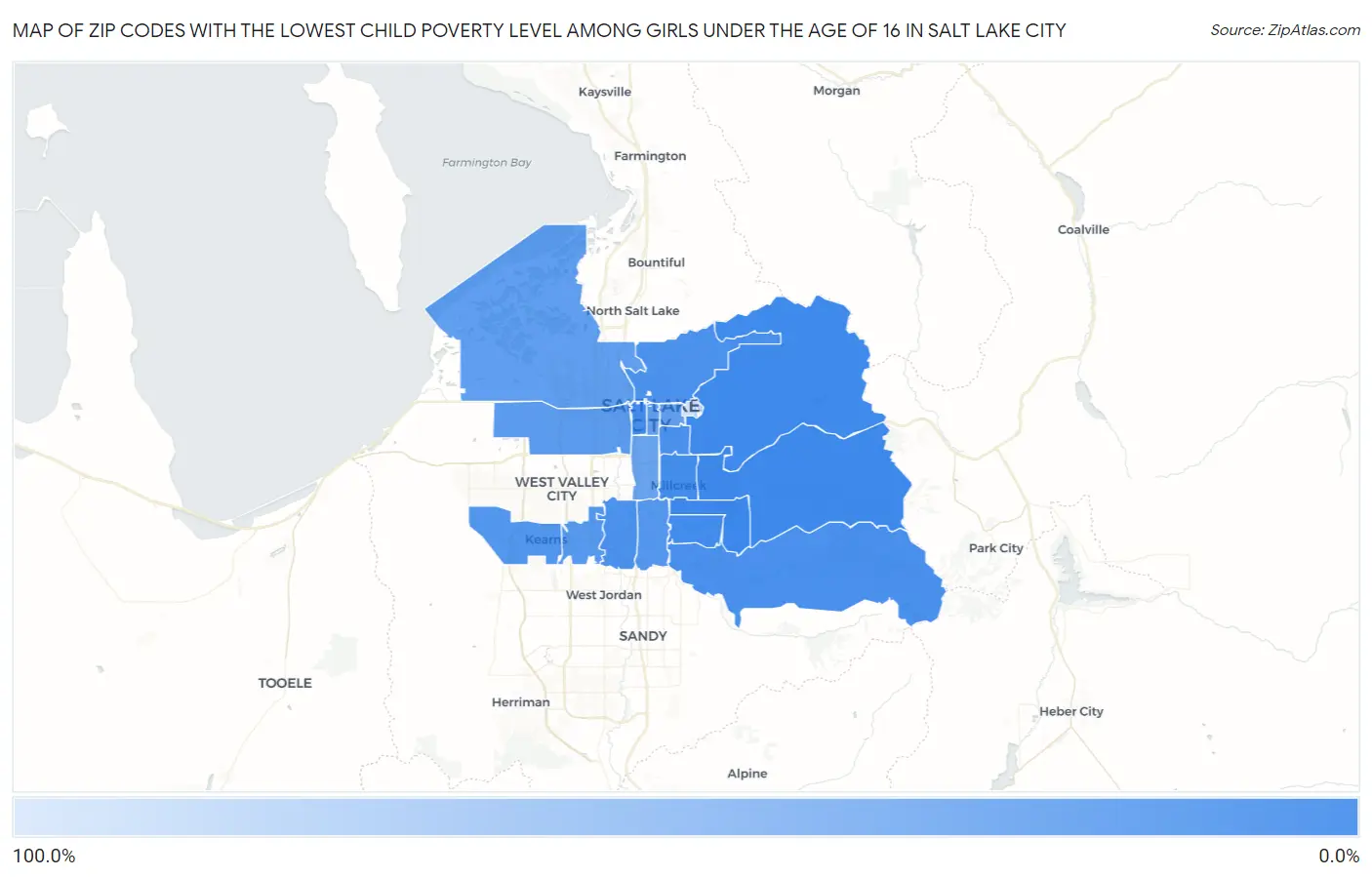 Zip Codes with the Lowest Child Poverty Level Among Girls Under the Age of 16 in Salt Lake City Map