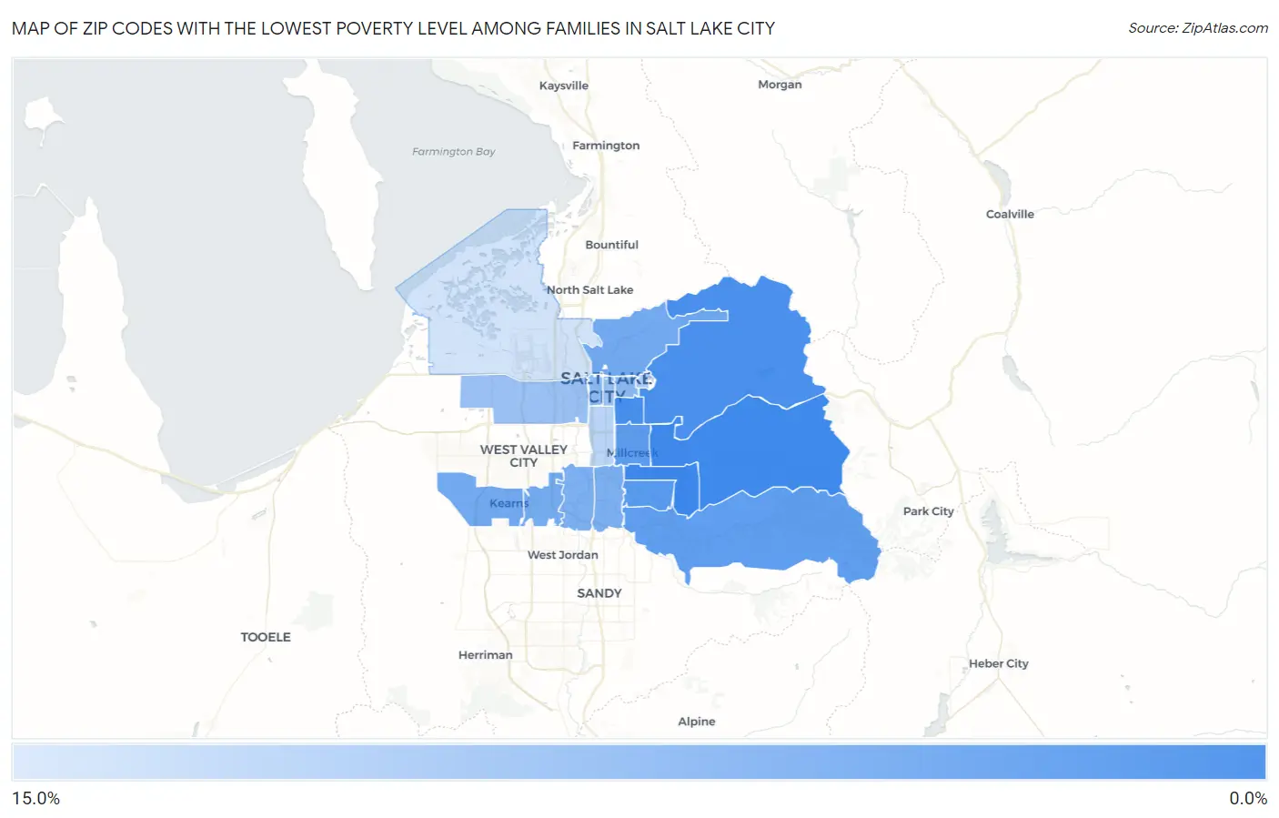 Zip Codes with the Lowest Poverty Level Among Families in Salt Lake City Map