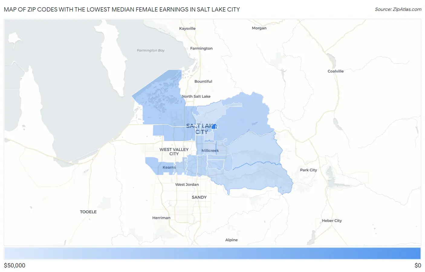 Zip Codes with the Lowest Median Female Earnings in Salt Lake City Map