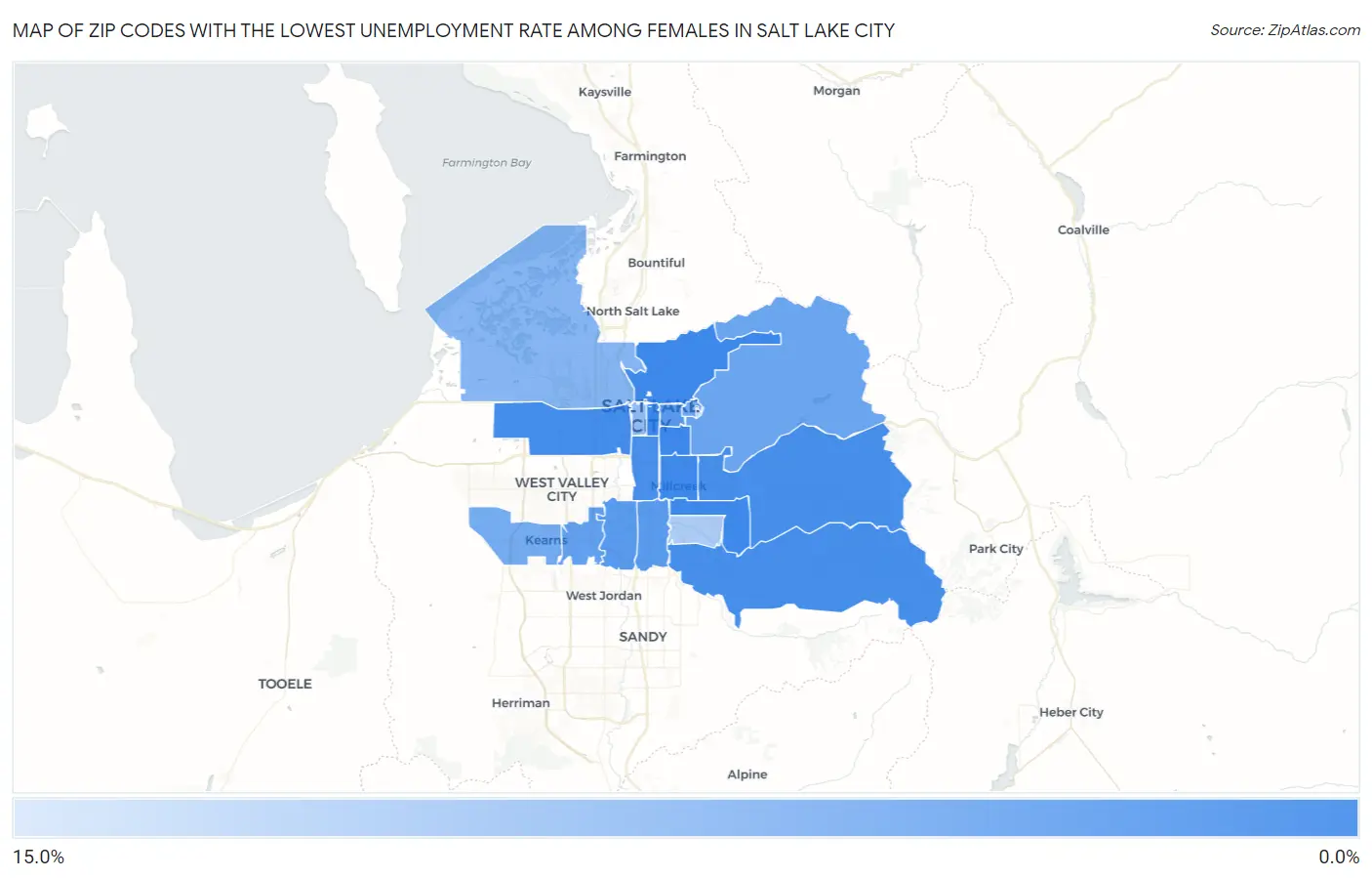 Zip Codes with the Lowest Unemployment Rate Among Females in Salt Lake City Map